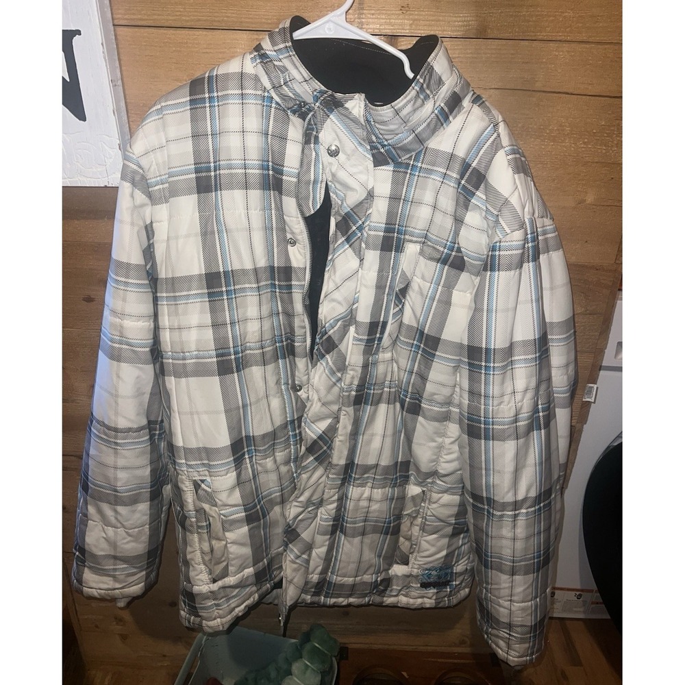 Quiksilver Men's XL Plaid Insulated Jacket Stand-Up Collar White Gray Blue